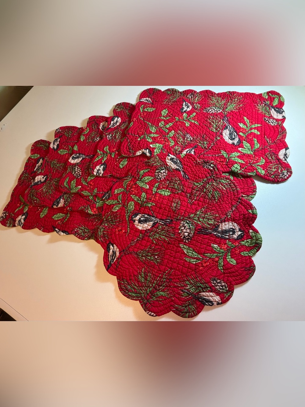 C&F Home Christmas Chickadee Red Quilted Reversible Table Linens Set Holiday